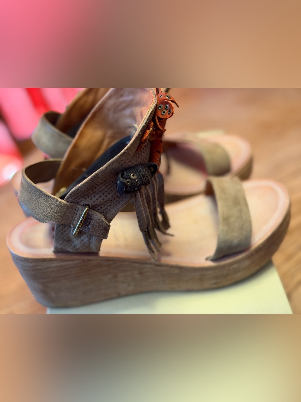 A.S.98 Suede Fringe Wedge Sandals in Taupe with Burnt Orange Accents